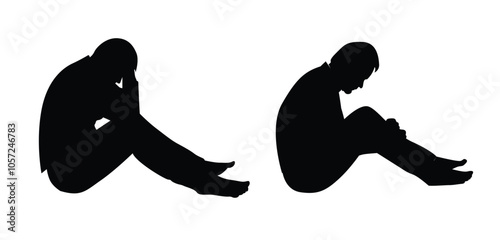 Sitting Silhouette of a Worried or Depressed Man. People and negative emotions, burnout concept vector art