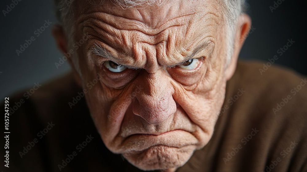 Angry elderly man with intense gaze and stern face