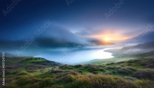 wallpaper background landscape panorama, misty highlands lake and mountains