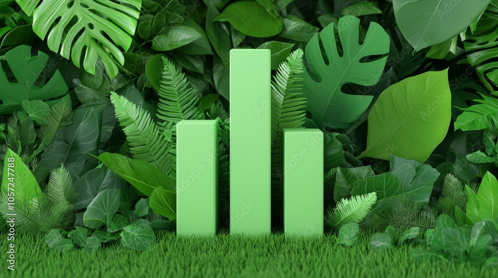 An array of green bars amidst lush foliage symbolizes the development of the green economy. An array of green bars amidst lush foliage symbolizes the development of the green economy.