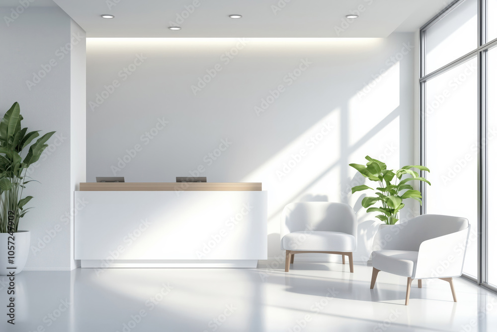 Reception and waiting area in a modern minimalist luxury clinic Reception and waiting area in a modern minimalist luxury clinic