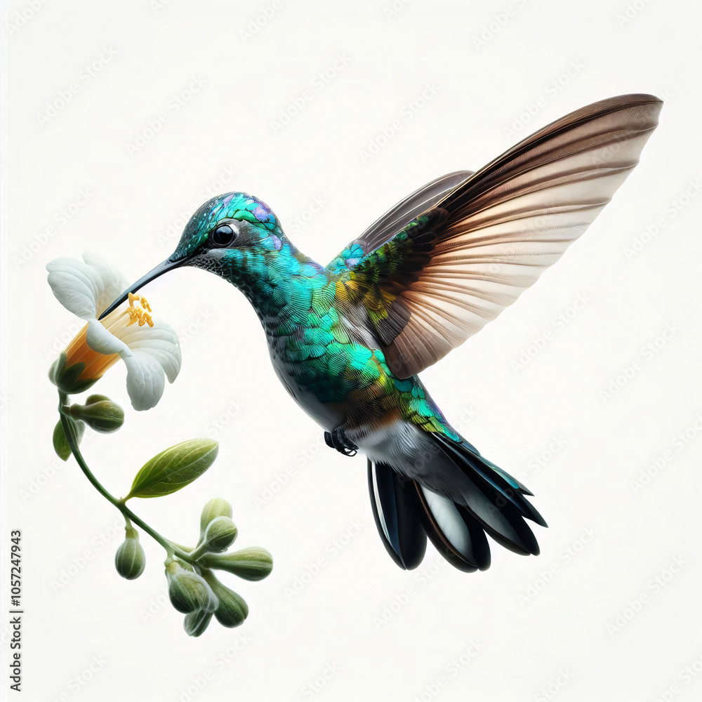 Obraz premium A vibrant hummingbird, its iridescent feathers shimmering, hovers above a delicate flower