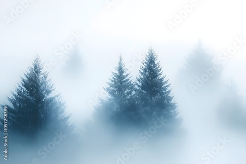 Extensive winter landscape in the morning mist, gentle wafts of mist, mystical atmosphere