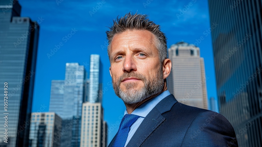 An image of a confident business leader standing between tall buildings symbolizes corporate success and professional leadership. An image of a confident business leader standing between tall buildings symbolizes corporate success and professional leadership.