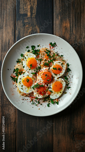 Wooden table with delicious sunny side up eggs, spices, and herbs on a round plate