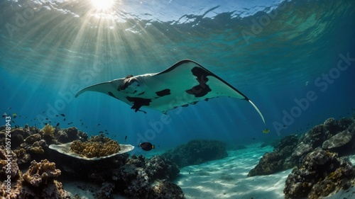 A manta ray glides gracefully through clear ocean waters, illuminated by sunlight.