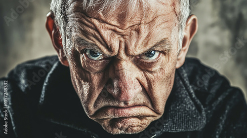 Angry elderly man with intense gaze and stern face photo