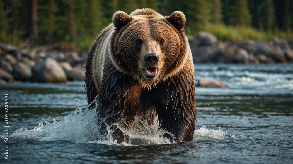 A grizzly bear wades through a river, showcasing its powerful presence in nature.