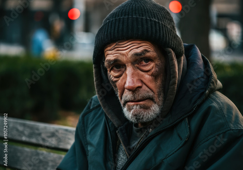 A weary older man with a solemn expression sits on a park bench in a city during the late afternoon, wearing a warm hat and a heavy coat