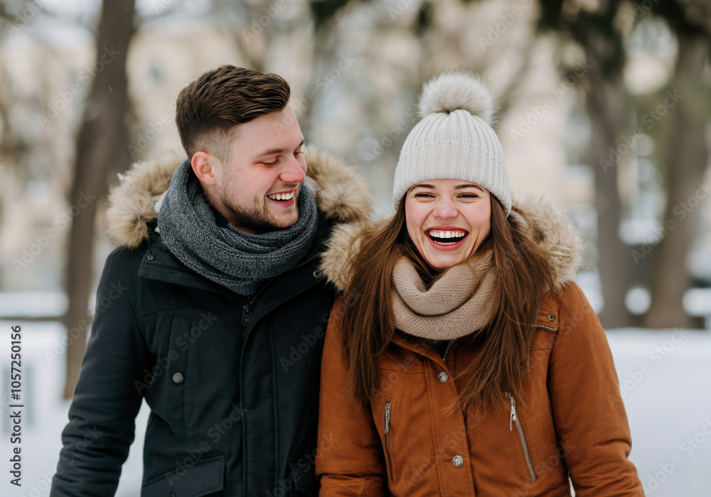 Couple enjoying a joyful winter stroll in a snowy park, capturing laughter and warmth amidst the chilly season Couple enjoying a joyful winter stroll in a snowy park, capturing laughter and warmth amidst the chilly season