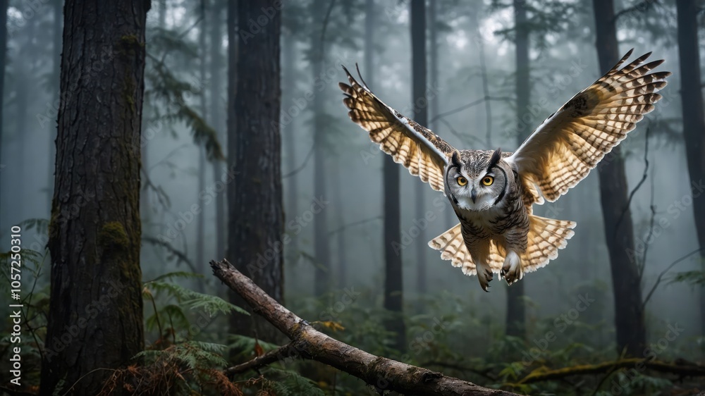 A majestic owl gliding through a misty forest, showcasing nature's beauty and wildlife. A majestic owl gliding through a misty forest, showcasing nature's beauty and wildlife.