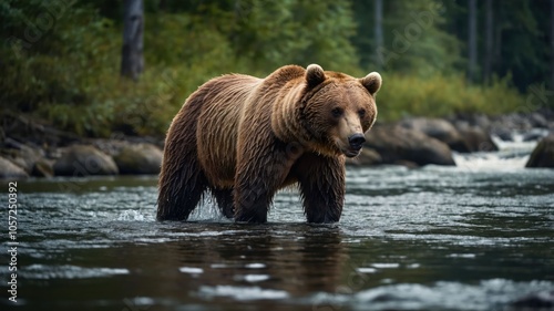 A bear wades through a serene river surrounded by lush greenery.