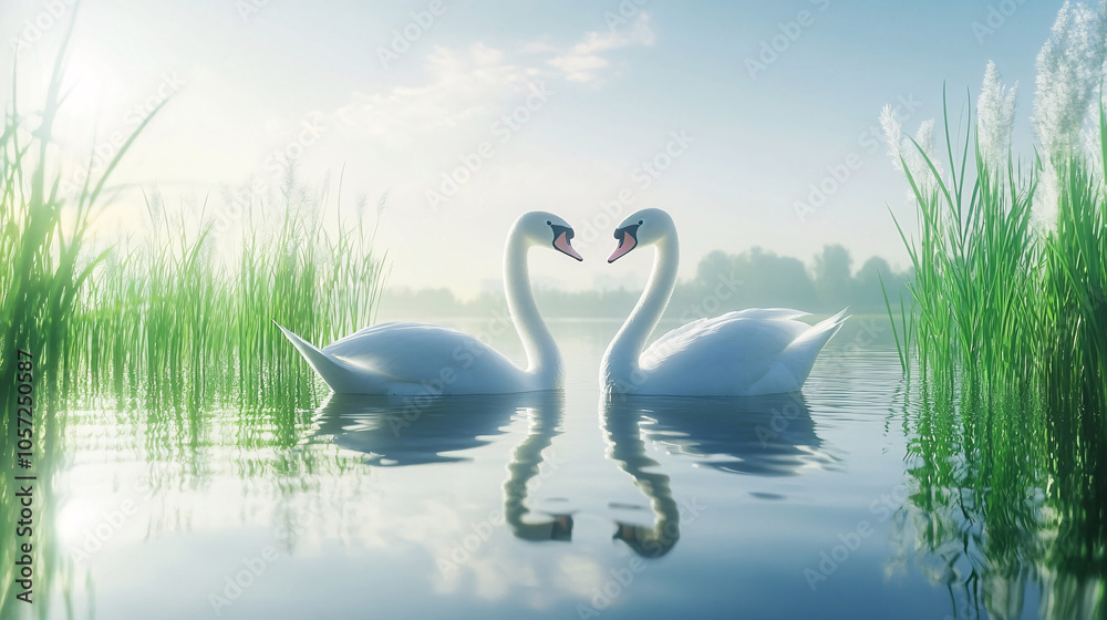 Obraz premium Beautiful white swan swimming in water. Fine art nature with wild bird and river. Animal wildlife wallpaper background