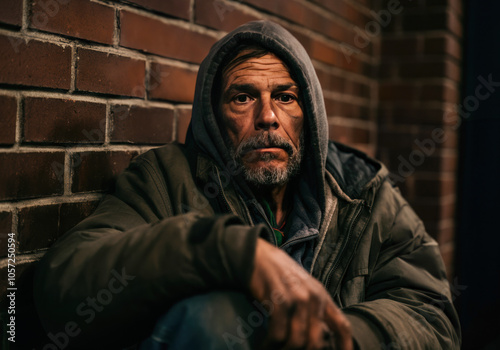 A contemplative man with a worn expression sits against a brick wall in an urban setting during late evening