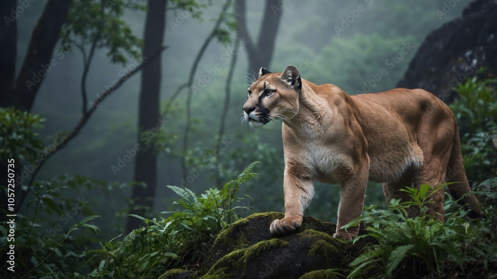 A mountain lion prowls through a misty forest, showcasing its natural habitat. A mountain lion prowls through a misty forest, showcasing its natural habitat.