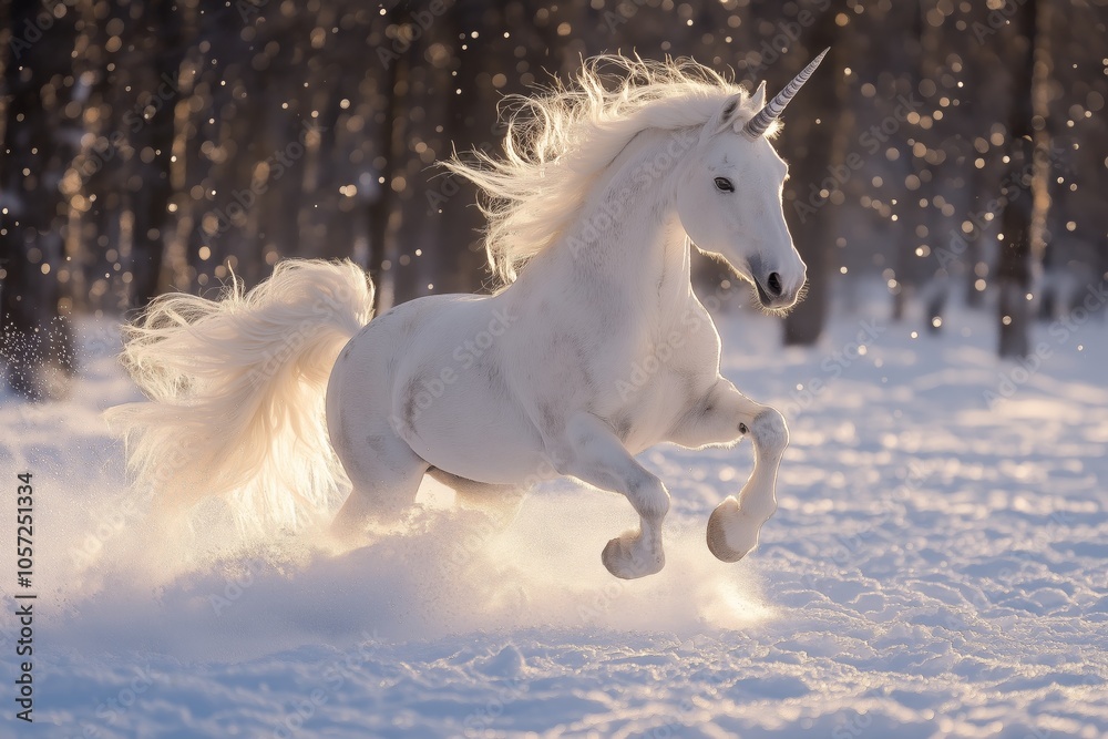 Magic unicorn in winter forest. Fairytale concept. Magical animal. Magic unicorn in winter forest. Fairytale concept. Magical animal.