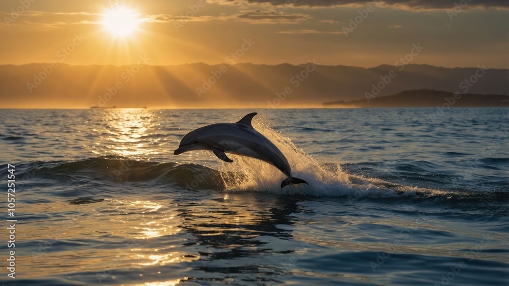 A dolphin leaps joyfully against a sunset backdrop over a tranquil ocean. A dolphin leaps joyfully against a sunset backdrop over a tranquil ocean.