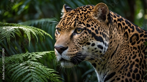 A close-up of a jaguar in a lush, green environment, showcasing its striking features.