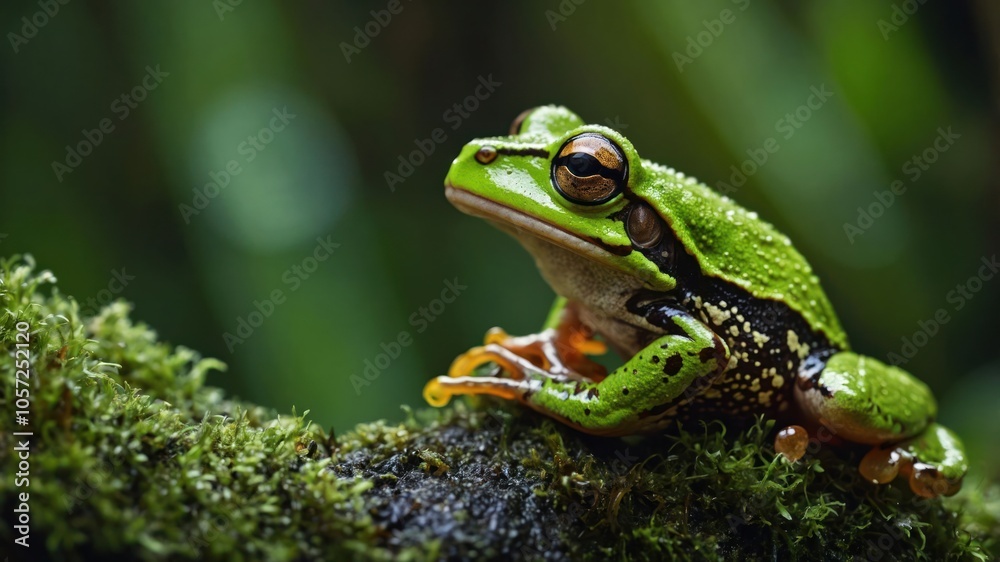 A close-up of a vibrant green frog perched on mossy bark, showcasing its natural habitat. A close-up of a vibrant green frog perched on mossy bark, showcasing its natural habitat.
