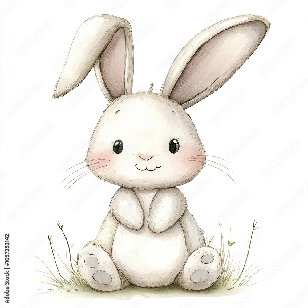 Obraz premium Cute cartoon bunny, watercolor style, sitting on a white background