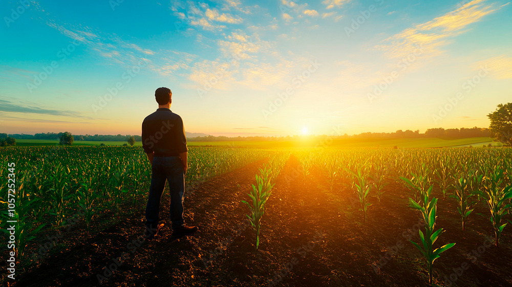 A farmer standing in the middle of a farmland, looking at the horizon during the golden hour. The scene is captured with a wide-angle lens, showcasing the full shot of the landscape. A farmer standing in the middle of a farmland, looking at the horizon during the golden hour. The scene is captured with a wide-angle lens, showcasing the full shot of the landscape.