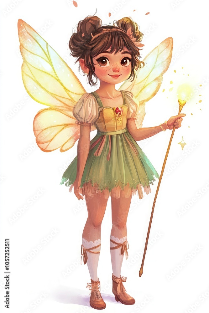 Cute fairy character, watercolor style, with wings and a glowing wand, white background Cute fairy character, watercolor style, with wings and a glowing wand, white background