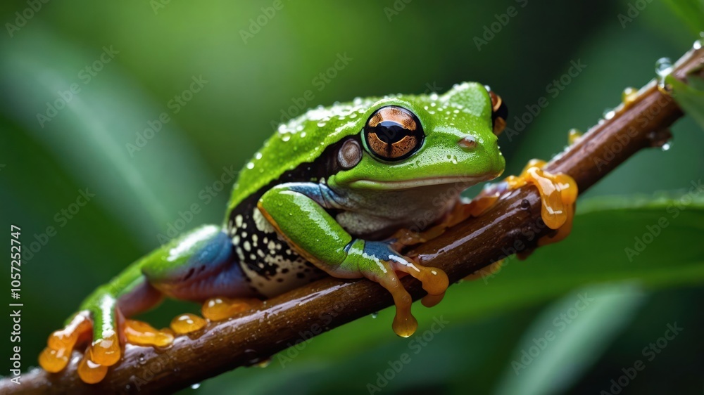 A vibrant green frog perched on a branch, showcasing its unique colors and textures. A vibrant green frog perched on a branch, showcasing its unique colors and textures.