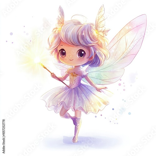 Cute fairy character, watercolor style, with wings and a glowing wand, white background