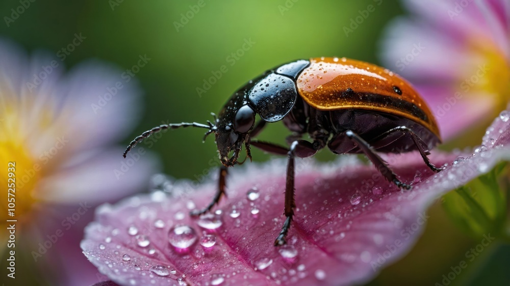A close-up of a beetle on a leaf, adorned with raindrops, showcasing nature's beauty. A close-up of a beetle on a leaf, adorned with raindrops, showcasing nature's beauty.