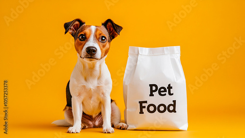 Pet food packaging mockup, front view of a dog sitting next to a large white and black bag with 