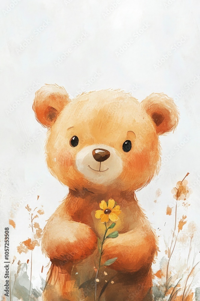Sweet cartoon bear, watercolor style, holding a small flower, white background Sweet cartoon bear, watercolor style, holding a small flower, white background