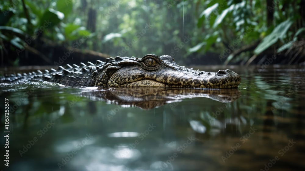 A crocodile swims in a lush, rain-soaked jungle environment.