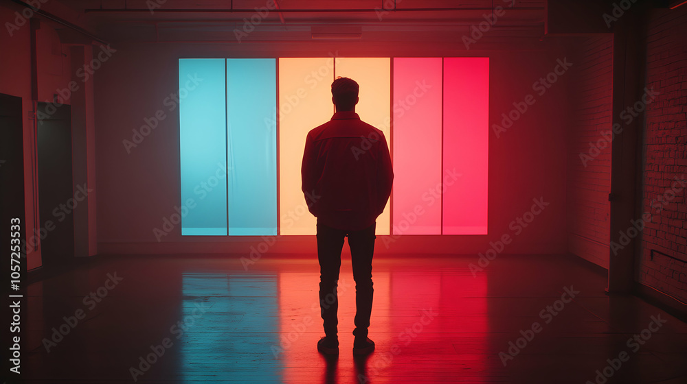 Silhouette of a man standing in front of a colorful window in a dark room.