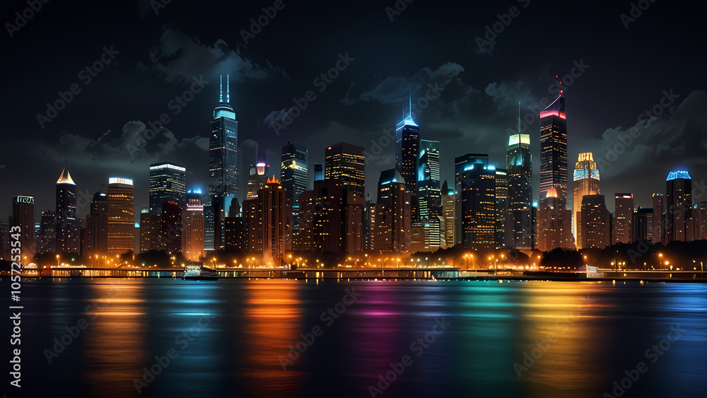 Fototapeta premium Lively cityscape at night illuminated by city lights