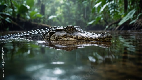 A crocodile swims in a lush, rain-soaked jungle environment.