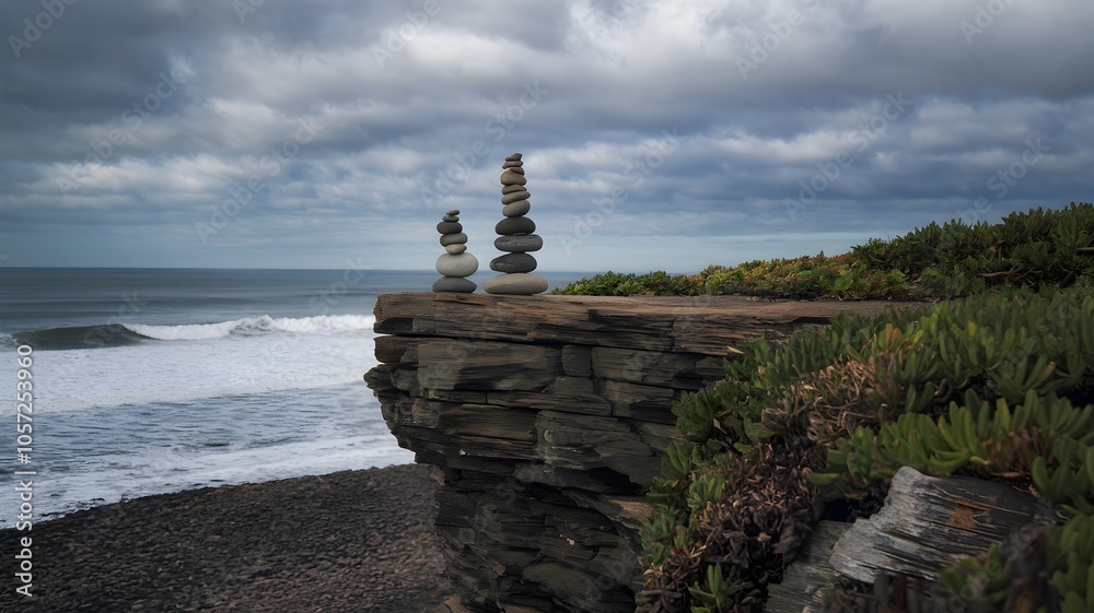 Pebbles balanced on cliff with ocean waves and overcast sky Pebbles balanced on cliff with ocean waves and overcast sky