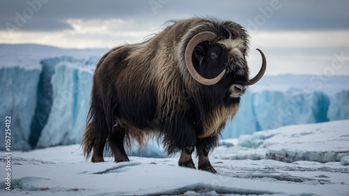 A musk ox stands on icy terrain with glaciers in the background.