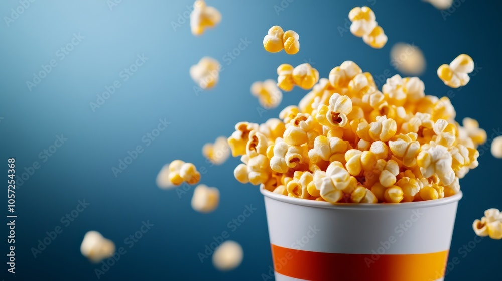 Bucket of popcorn is flying through the air. The popcorn is yellow and white. The image has a fun and playful mood Bucket of popcorn is flying through the air. The popcorn is yellow and white. The image has a fun and playful mood