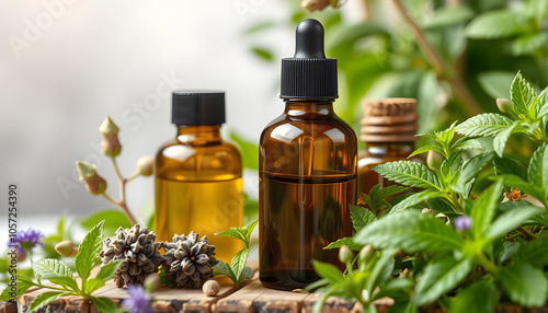 Alternative medicine, healing herbs oils, green herbal aromatherapy oils with medicinal plants and herbs isolated with white highlights, png