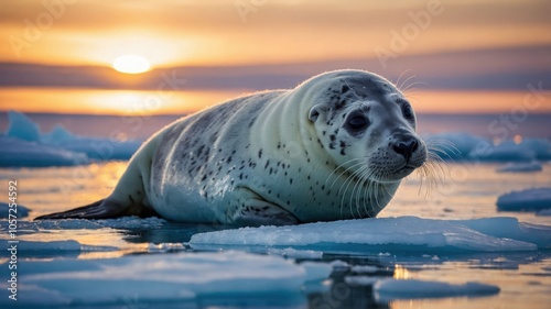 A seal resting on ice with a sunset backdrop, showcasing wildlife in a serene environment.