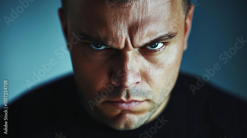 Angry man with intense expression and focused gaze