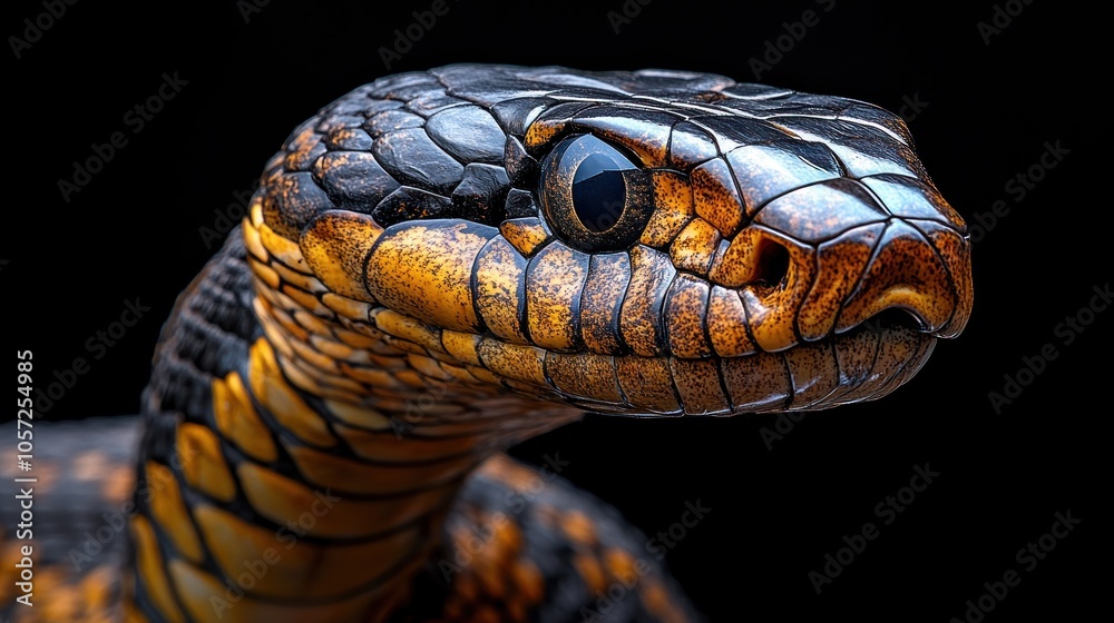 Close-up of a striking snake showcasing intricate scales. Close-up of a striking snake showcasing intricate scales.