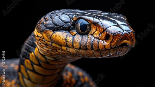 Close-up of a striking snake showcasing intricate scales.