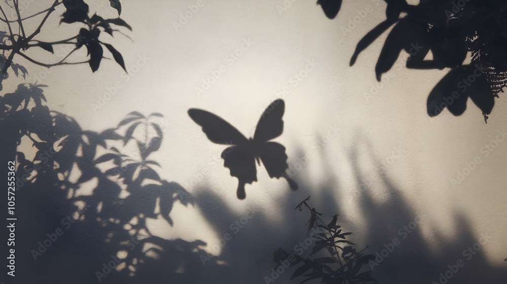 Fototapeta premium Butterfly shadow in flight cast on blank wall with branches and leaves, serene atmosphere