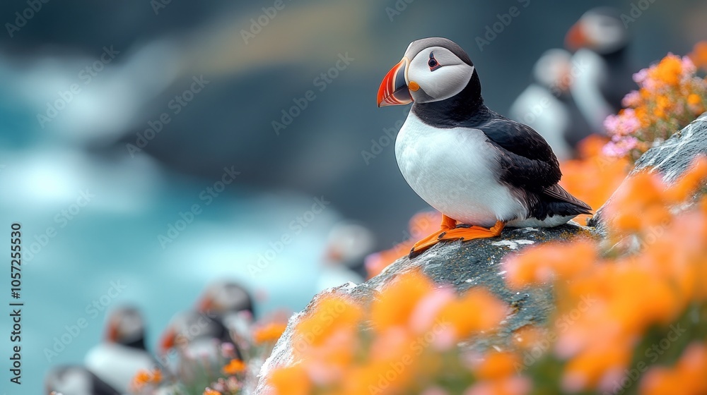 Fototapeta premium A puffin perched among vibrant flowers by the sea.