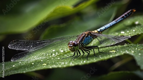 A close-up of a dragonfly resting on a leaf, showcasing its vibrant colors and intricate wings.