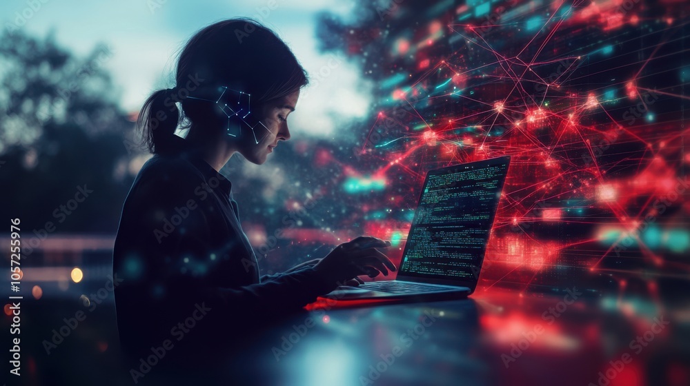 A visual representation of a person using a laptop to access a secure cloud server, with digital connectivity lines surrounding the scene --ar 16:9 --v 6.1 Job ID: a3adf973-8c91-43c5-8b75-5bdc13e8ad5f