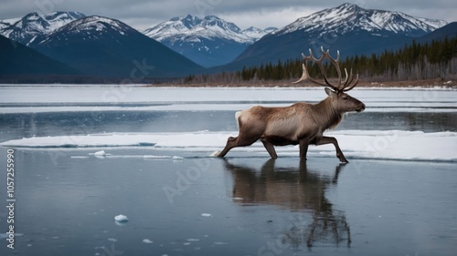 A majestic reindeer walks across a frozen lake with mountains in the background.