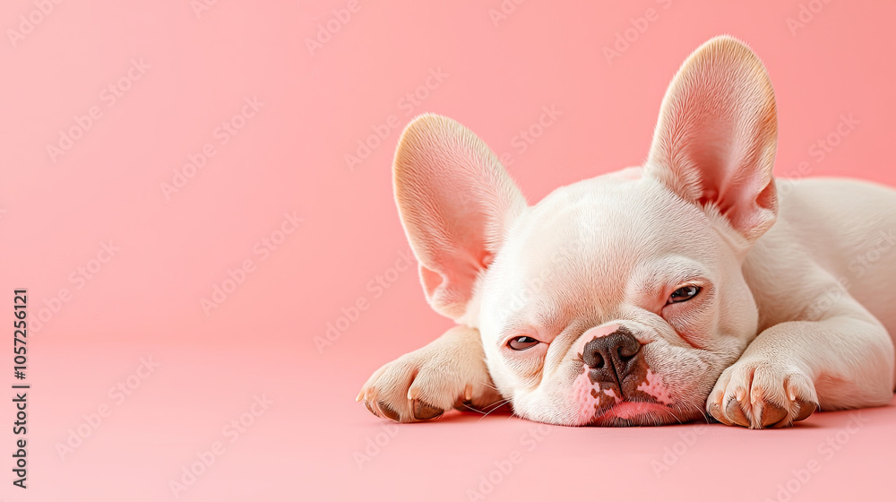 Cute pet dog resting on pink background, showcasing its adorable features and relaxed demeanor. This charming French Bulldog exudes sense of calm and playfulness Cute pet dog resting on pink background, showcasing its adorable features and relaxed demeanor. This charming French Bulldog exudes sense of calm and playfulness