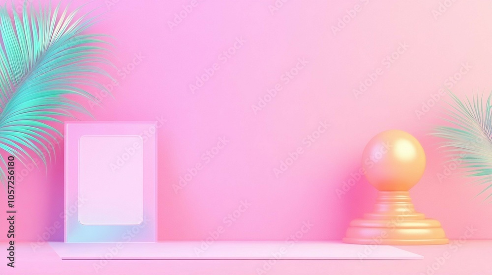 A pastel-themed scene featuring a clear frame, decorative orb, and tropical leaves against a soft pink background. A pastel-themed scene featuring a clear frame, decorative orb, and tropical leaves against a soft pink background.